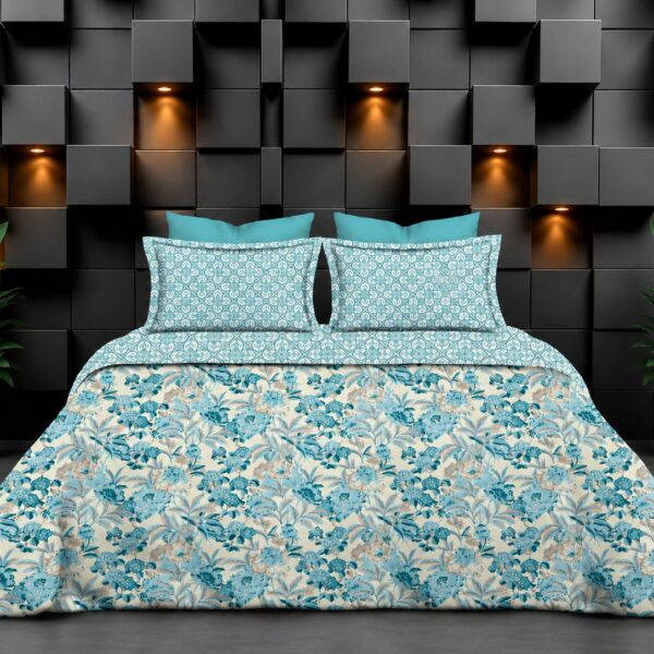 Aqua Blue floral Printed Double bed Bedsheet