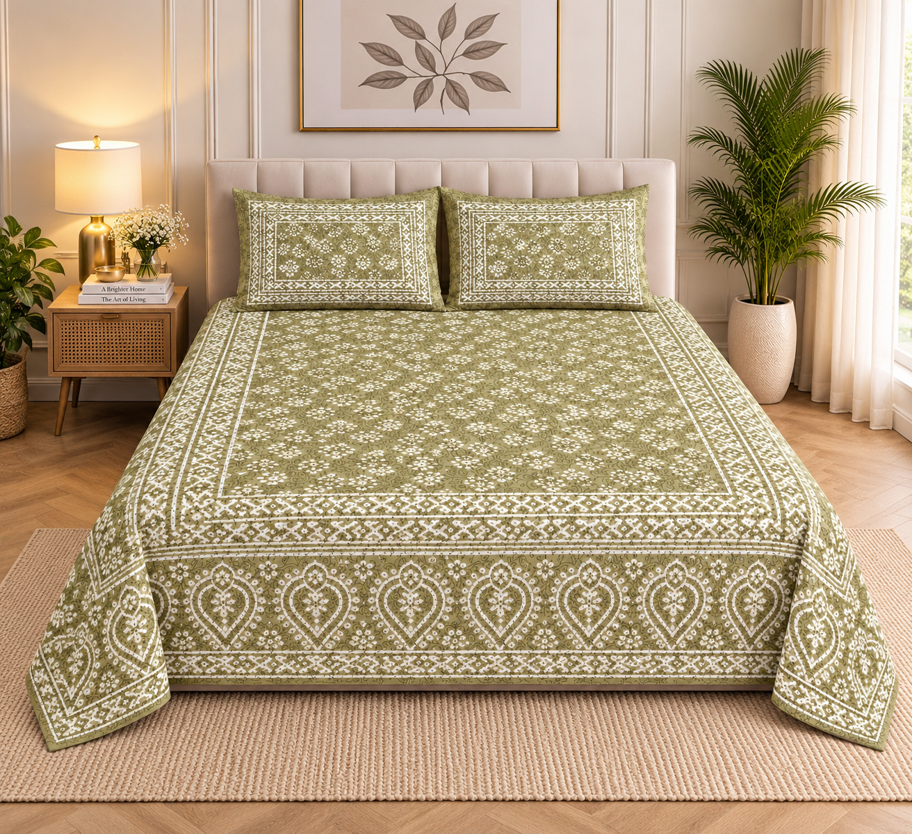 2026/09/1000259063-2.png Olive green paisley Double bed Bedsheet - Image 1