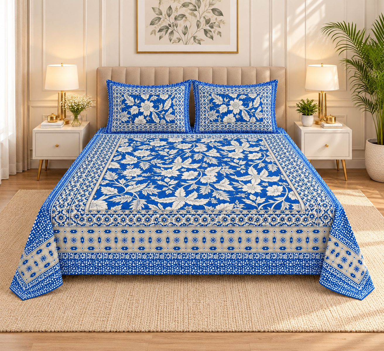 2026/09/1000259373.png Royal Blue Floral printed Double bed Bedsheet - Image 1
