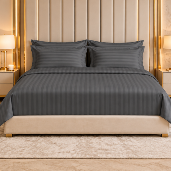 Charcoal grey striped Double bed Bedsheet