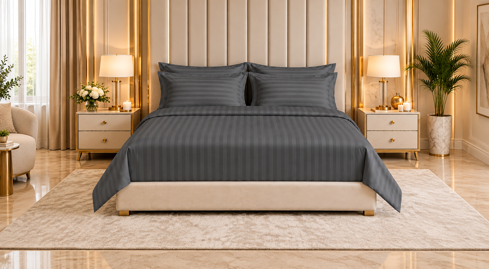 2026/09/1000259745-1.png Charcoal grey striped Double bed Bedsheet - Image 1