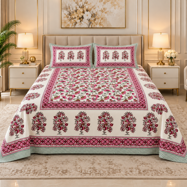 Pink Floral Heritage Jaipuri Cotton Bedsheet