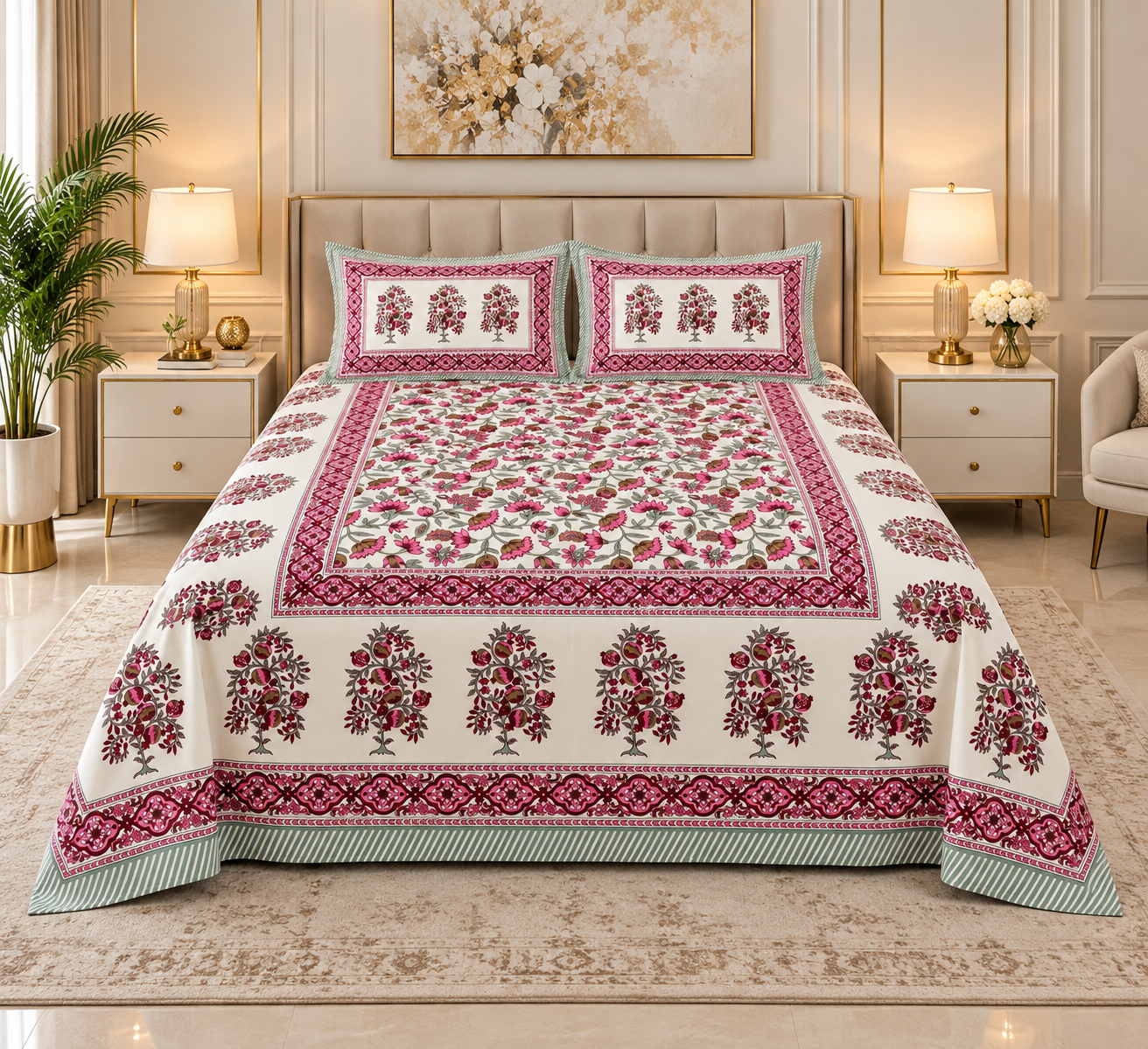 2026/09/1000259865.png Pink Floral Heritage Jaipuri Cotton Bedsheet - Image 1