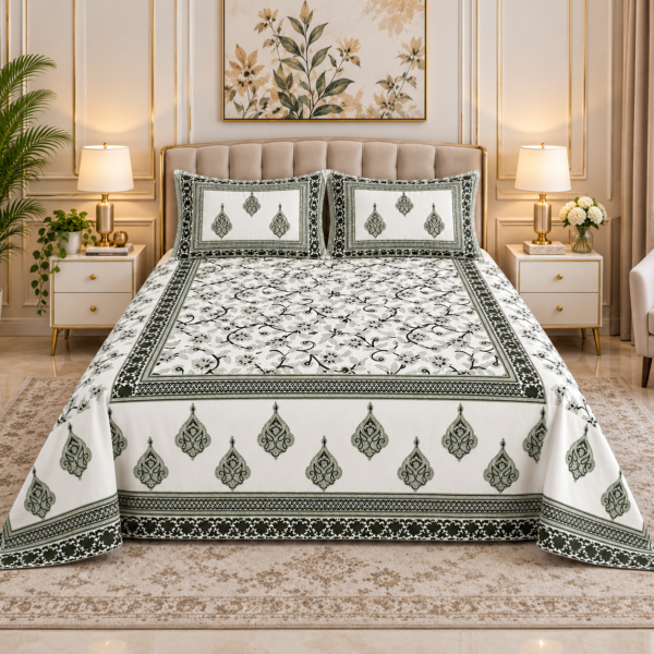 Elegant Sage Paisley Jaipuri Cotton double bed Bedsheet