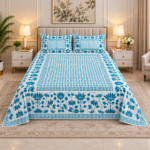 Teal Botanical Jaipuri Cotton double bed Bedsheet