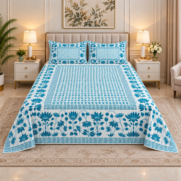 Teal Botanical Jaipuri Cotton double bed Bedsheet
