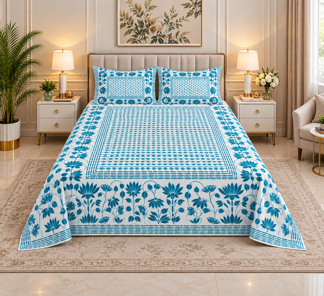 2026/09/1000259888.png Teal Botanical Jaipuri Cotton double bed Bedsheet - Image 1
