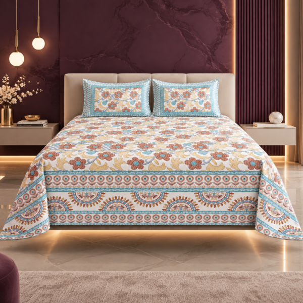 Heritage Bloom Handblock-Style Cotton Double-bed Bedsheet