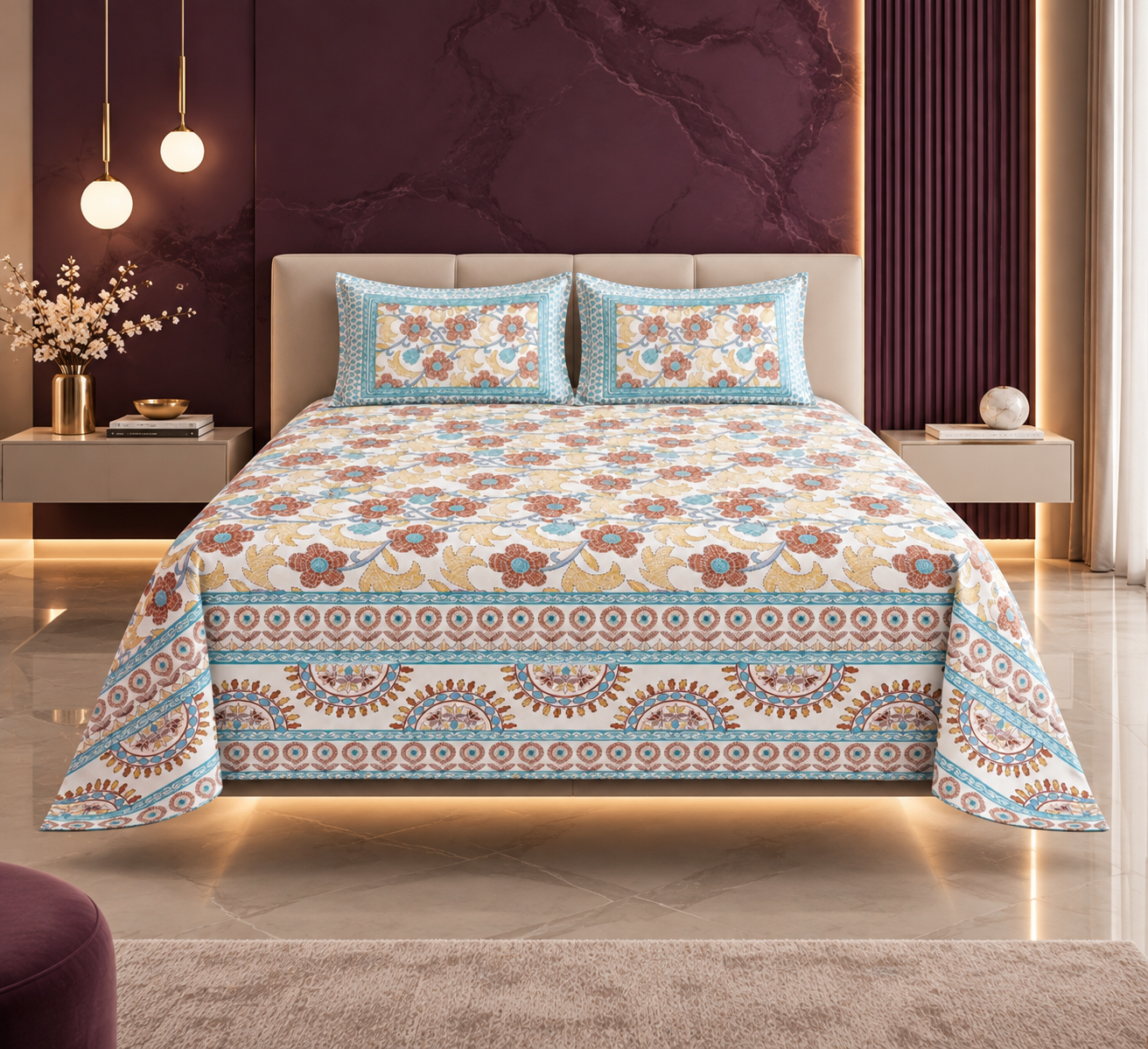 2026/09/1000259978.png Heritage Bloom Handblock-Style Cotton Double-bed Bedsheet - Image 1
