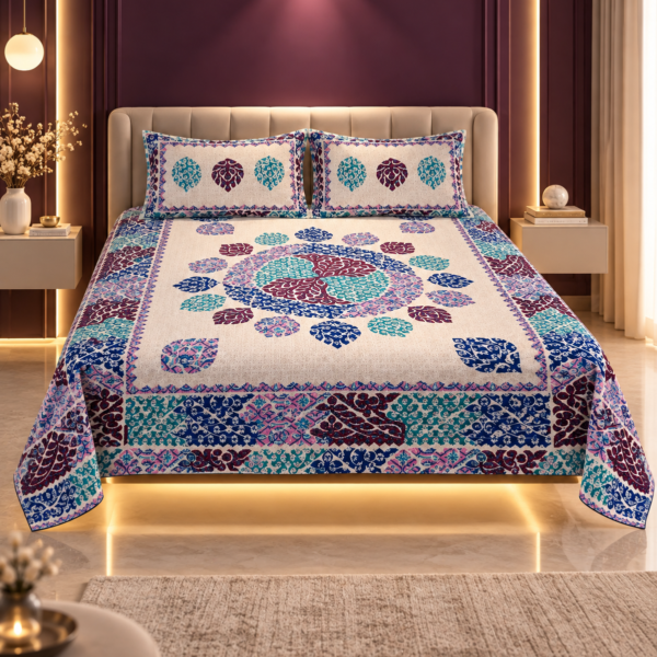 Teal & Burgundy Mandala Pure Cotton Double Bed Bedsheet