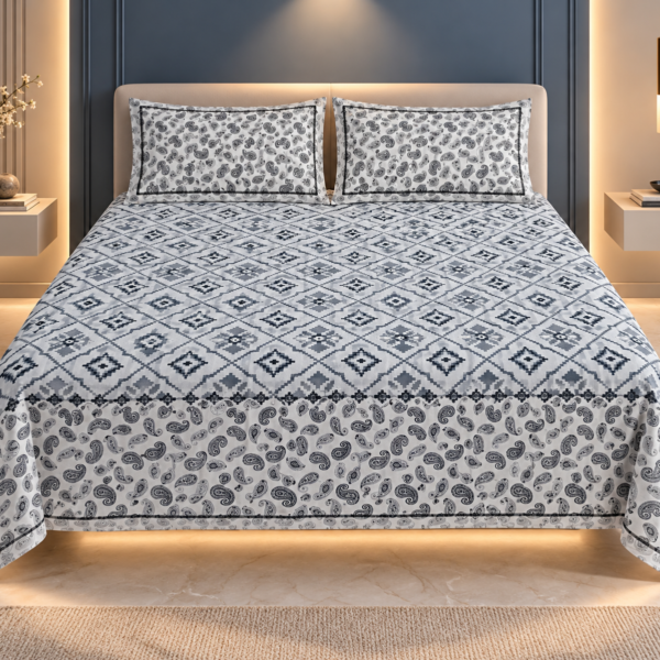 Monochrome Paisley Double Bed Bedsheet