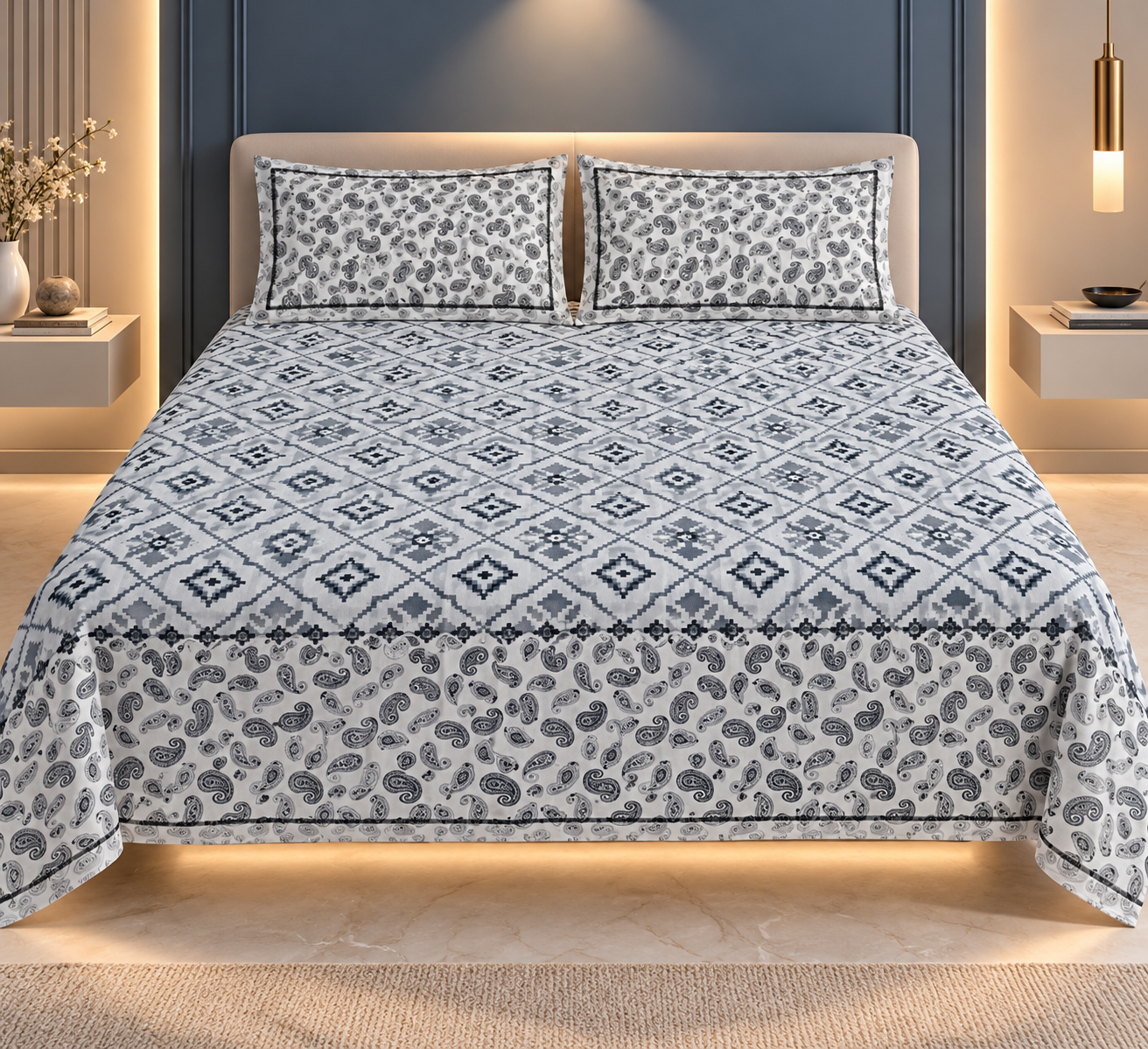 2026/09/1000261791.png Monochrome Paisley Double Bed Bedsheet - Image 1